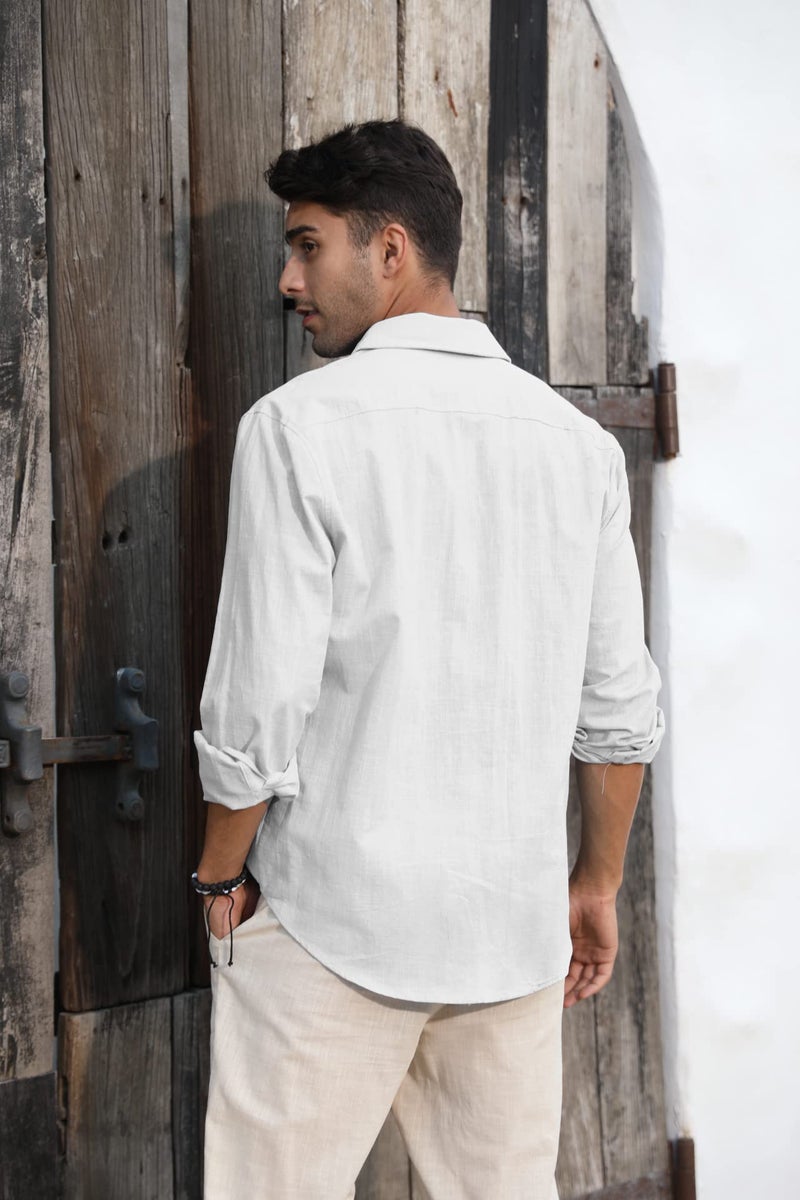 Runcati Mens Button Down Shirt Linen Cotton Shirts Casual Long Sleeve Spread Collar Lightweight Beach Plain Tops 01 White - Image 4